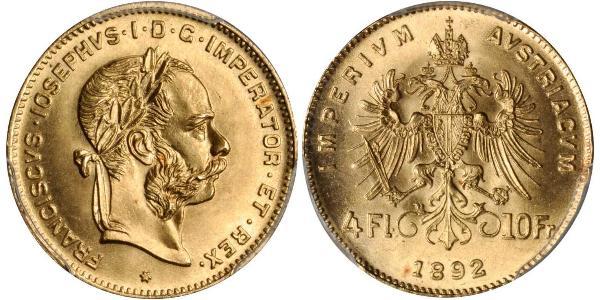 4 Florin Imperio austrohúngaro (1867-1918) Oro Franz Joseph I (1830 - 1916)