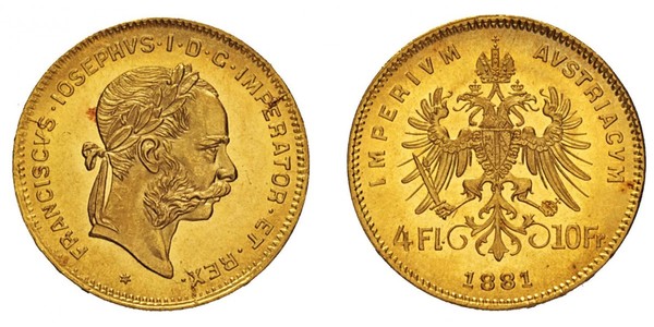 4 Florin 奥匈帝国 (1867 - 1918) 金 弗朗茨·约瑟夫一世 (1830 - 1916)