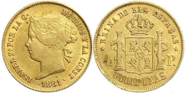 4 Peso Philippines Gold Isabella II of Spain (1830- 1904)