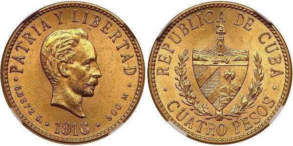 4 Peso  Or Jose Julian Marti Perez (1853 - 1895) 