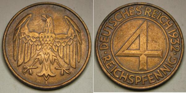 4 Reichpfennig República de Weimar (1918-1933) Bronce 
