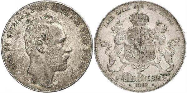 4 Riksdaler United Kingdoms of Sweden and Norway (1814-1905) Plata Carlos XV de Suecia (1826 - 1872)