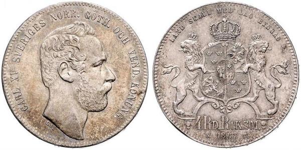 4 Riksdaler United Kingdoms of Sweden and Norway (1814-1905) Plata Carlos XV de Suecia (1826 - 1872)
