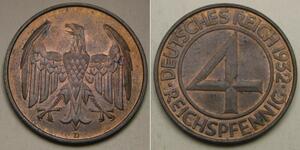 4 Рейхспфенниг Веймарская республика (1918-1933) Бронза 