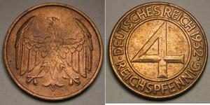4 Рейхспфенниг Веймарская республика (1918-1933) Бронза 