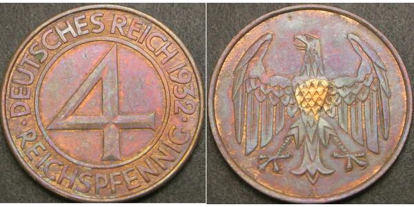 4 Рейхспфеніг Веймарська республіка (1918-1933) Бронза 