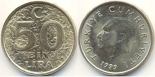 50000 Lira Turquie (1923 - ) Nickel/Laiton 