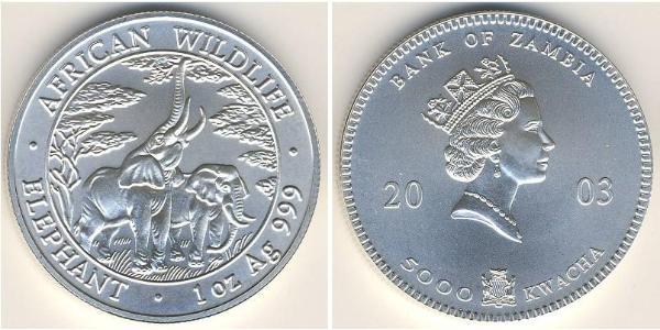 5000 Kwacha Zambia (1964 - ) Silver Elizabeth II (1926-2022)