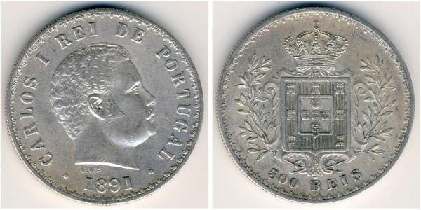 500 Рейс Королівство Португалія (1139-1910) Срібло Карлуш I король Португалії (1863-1908)