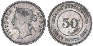 50 Cent Insediamenti dello Stretto (1826 - 1946) Argento Vittoria (1819 - 1901)