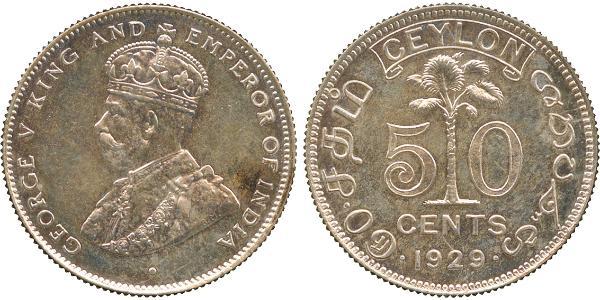 50 Cent Sri Lanka Plata Jorge V (1865-1936)