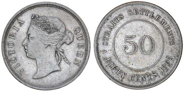 50 Cent Straits Settlements (1826 - 1946) Plata Victoria (1819 - 1901)