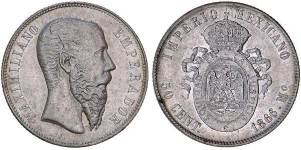 50 Centavo Secondo Impero Messicano (1864 - 1867) Argento Maximilian I of Mexico (1832 - 1867)