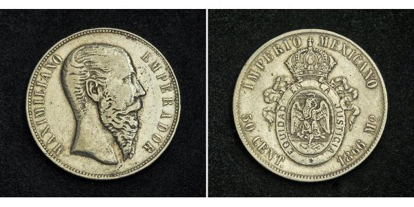 50 Centavo Secondo Impero Messicano (1864 - 1867) Argento Maximilian I of Mexico (1832 - 1867)