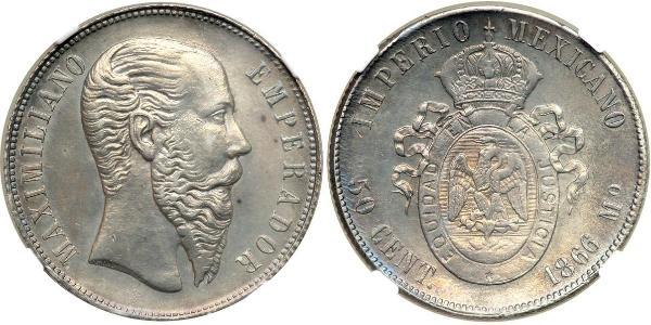 50 Centavo Secondo Impero Messicano (1864 - 1867) Argento Maximilian I of Mexico (1832 - 1867)