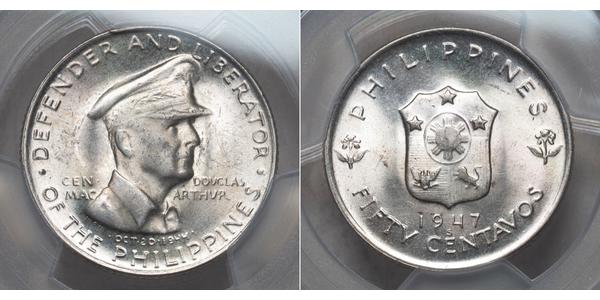 50 Centavo Filipinas Plata Douglas MacArthur (1880 - 1964) 