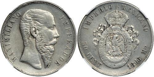 50 Centavo Segundo Imperio Mexicano (1864 - 1867) Plata Maximilian I of Mexico (1832 - 1867)