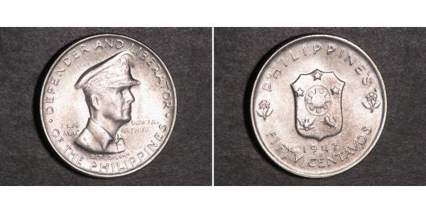 50 Centavo Philippines Silver Douglas MacArthur (1880 - 1964) 