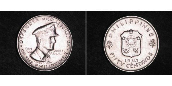 50 Centavo Philippines Silver Douglas MacArthur (1880 - 1964) 