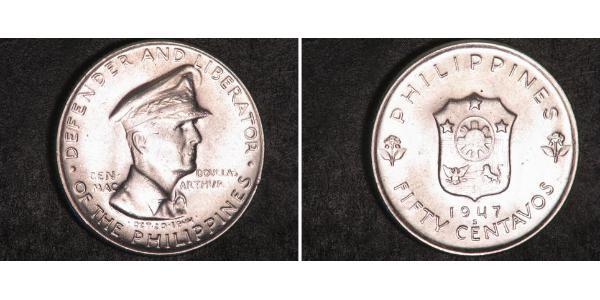 50 Centavo Philippines Silver Douglas MacArthur (1880 - 1964) 