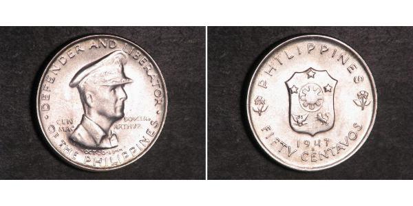 50 Centavo 菲律宾 銀 Douglas MacArthur (1880 - 1964) 