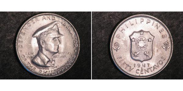 50 Centavo 菲律宾 銀 Douglas MacArthur (1880 - 1964) 