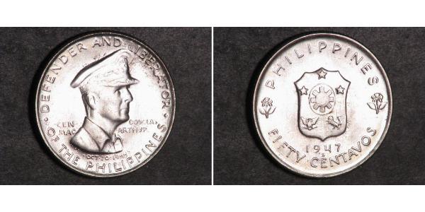 50 Centavo 菲律宾 銀 Douglas MacArthur (1880 - 1964) 