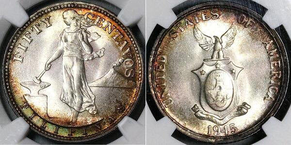 50 Centavo / 1/2 Peso Filippine Argento 