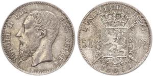 50 Centime Belgique Argent Leopold II (1835 - 1909)