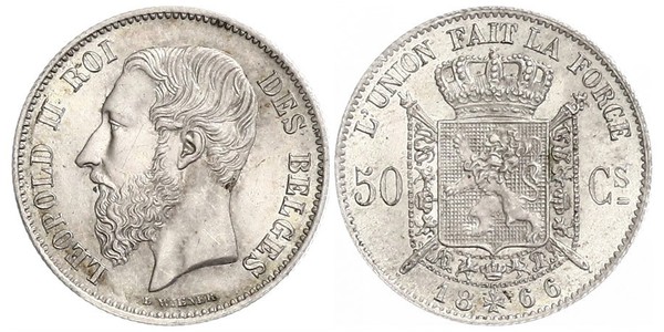 50 Centime Belgio Argento Leopold II (1835 - 1909)