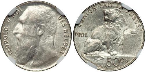 50 Centime Bélgica Plata Leopold II (1835 - 1909)