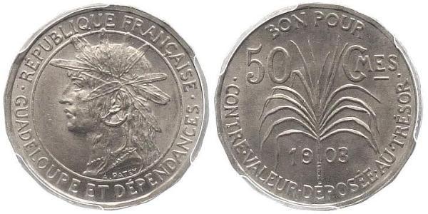 50 Centime Guadeloupe / Frankreich Silber 