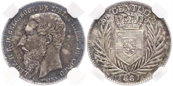 50 Centime Congo Free State (1885 - 1908) Silver Leopold II of Belgium(1835 - 1909)