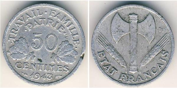 50 Centime Vichy France (1940-1944) Zinc/Aluminio 