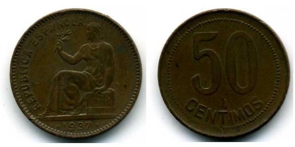 50 Centimo Zweite Spanische Republik (1931 - 1939) Kupfer 