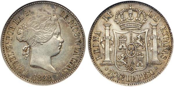 50 Centimo Philippines Silver Isabella II of Spain (1830- 1904)