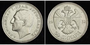 50 Denaro Regno di Jugoslavia (1918-1943) Argento Alexander I of Yugoslavia (1888 - 1934)