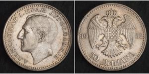 50 Dinar 南斯拉夫王國 (1918 - 1943) 銀 亞歷山大一世 (南斯拉夫) (1888 - 1934)