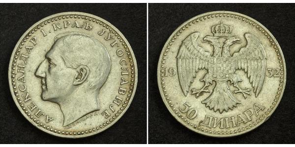 50 Dinar 南斯拉夫王國 (1918 - 1943) 銀 亞歷山大一世 (南斯拉夫) (1888 - 1934)