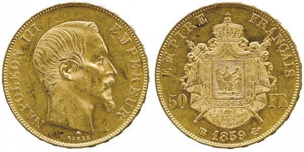 50 Franc Second French Empire (1852-1870) Gold Napoleon III (1808-1873)