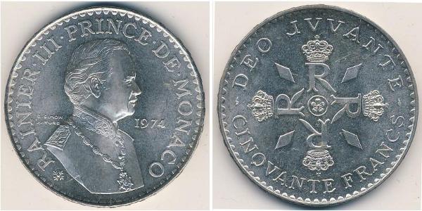 50 Franc Mónaco Plata Raniero III de Mónaco