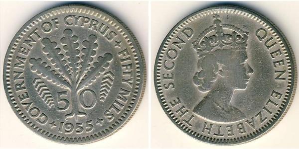 50 Mill British Cyprus (1878 - 1960) Níquel/Cobre 