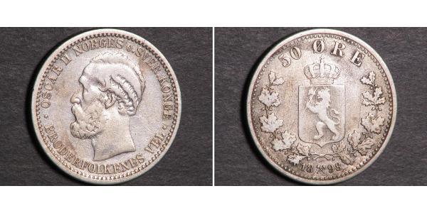 50 Ore United Kingdoms of Sweden and Norway (1814-1905) Argent Oscar II de Suède (1829-1907)