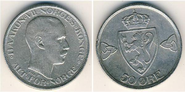 50 Ore Kongeriket Norge (1905 - ) Silber Haakon VII. (1872 - 1957)