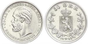 50 Ore United Kingdoms of Sweden and Norway (1814-1905) Silver Oscar II of Sweden (1829-1907)