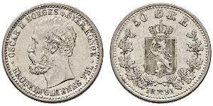 50 Ore United Kingdoms of Sweden and Norway (1814-1905) Silver Oscar II of Sweden (1829-1907)