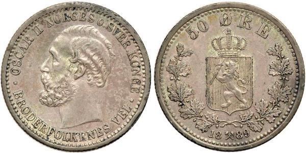 50 Ore United Kingdoms of Sweden and Norway (1814-1905) Silver Oscar II of Sweden (1829-1907)