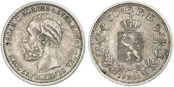 50 Ore United Kingdoms of Sweden and Norway (1814-1905) Silver Oscar II of Sweden (1829-1907)