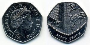 50 Penny Feriind Kiningrik (1922-) Argent Elizabeth II (1926-2022)