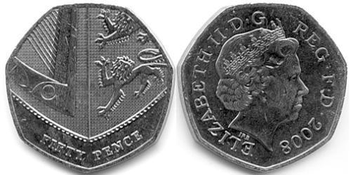 50 Penny Feriind Kiningrik (1922-) Argent Elizabeth II (1926-2022)